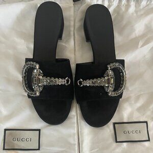 Gucci Women's KID SCAMOSCIATO NERO black heeled sandal slides - size 8.5
